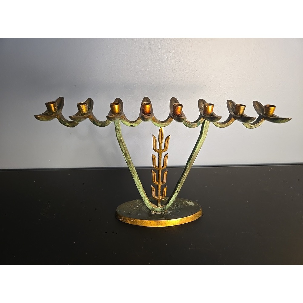 Vintage Hannukah Menorah Brass Lamp Green Gilded Patina Israel Candle Holder